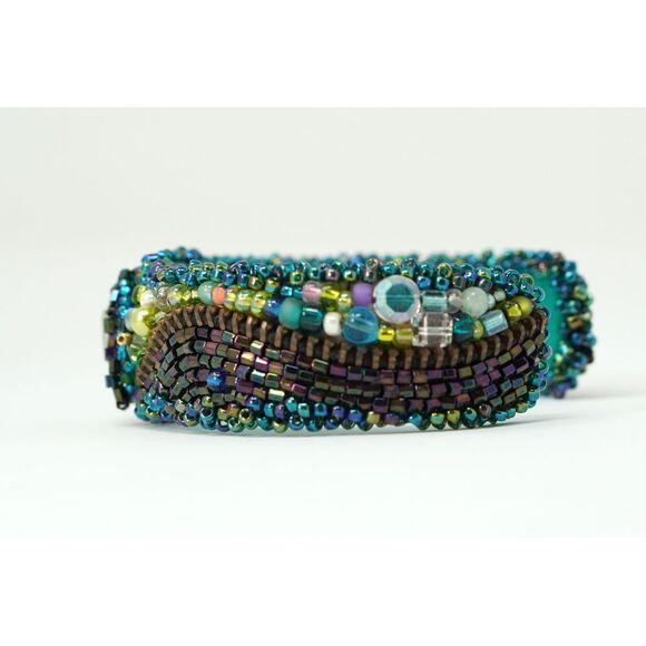 Beaded Cuff Bracelet Dichroic Glass Center Crystal Gems Zipper Hand‎ Made - Picture 6 of 9